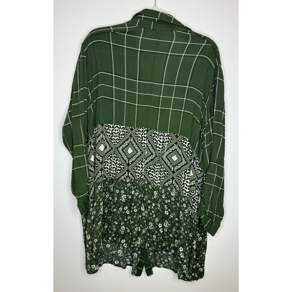 Trueself Mixed Print Plaid Floral Button Tunic Top Green Roll Tab Shirt Size 3X - Picture 6 of 12